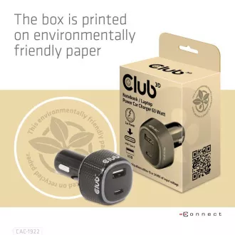 Ładowarka samochodowa Club3D do laptopów 63 W, 2 porty (USB-A   USB-C)