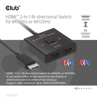 Przełącznik Club3D, HDMI na 2xHDMI odwracalny 2w1, 8K60Hz, 4K120Hz