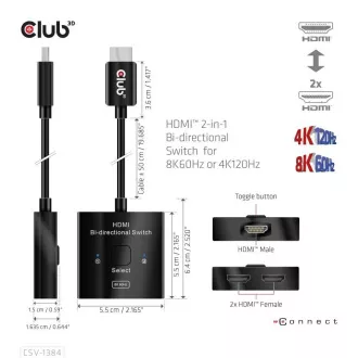 Przełącznik Club3D, HDMI na 2xHDMI odwracalny 2w1, 8K60Hz, 4K120Hz