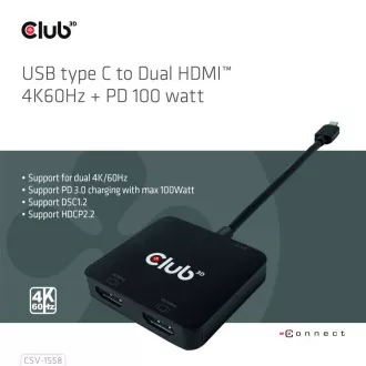Club3D Video hub MST USB-C do 2xHDMI   USB-C PD 3.0, 4K60Hz