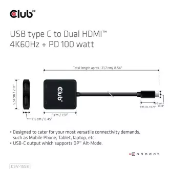 Club3D Video hub MST USB-C do 2xHDMI   USB-C PD 3.0, 4K60Hz
