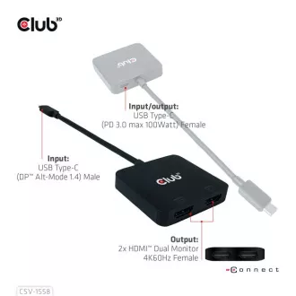 Club3D Video hub MST USB-C do 2xHDMI   USB-C PD 3.0, 4K60Hz