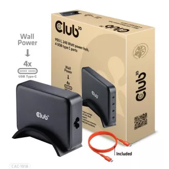 Ładowarka podróżna Club3D 240 W w technologii GaN, 4xUSB-C, obsługa PPS   PD 3.1