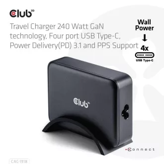 Ładowarka podróżna Club3D 240 W w technologii GaN, 4xUSB-C, obsługa PPS   PD 3.1