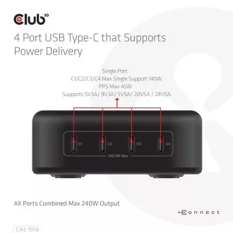 Ładowarka podróżna Club3D 240 W w technologii GaN, 4xUSB-C, obsługa PPS   PD 3.1