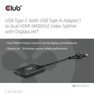 Club3D Video Hub USB-C/A do 2xHDMI 2.0, dwa monitory, 4K60Hz (M/F)