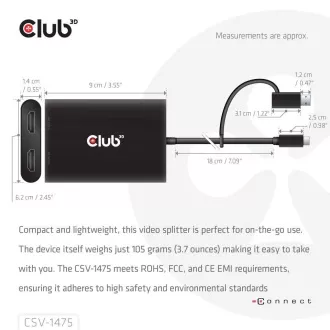 Club3D Video Hub USB-C/A do 2xHDMI 2.0, dwa monitory, 4K60Hz (M/F)