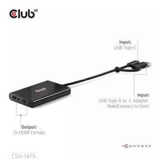 Club3D Video Hub USB-C/A do 2xHDMI 2.0, dwa monitory, 4K60Hz (M/F)
