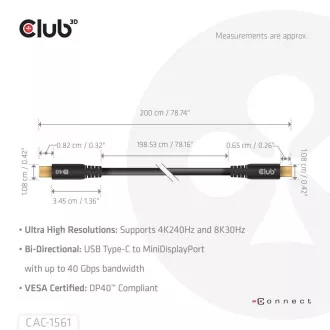 Club3D Kabel USB-C do MiniDisplayPort 2.1, 8K30Hz, DSC1.2, UHBR10, 2m