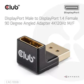 Adapter Club3D DisplayPort do DisplayPort 1.4, 4K120Hz, 8K30Hz, 90°