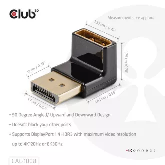 Adapter Club3D DisplayPort do DisplayPort 1.4, 4K120Hz, 8K30Hz, 90°