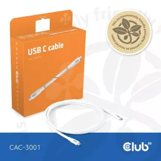 Kabel Club3D USB-C 4.0, 20 Gb/s, 4K60 Hz, PD 240 W, 2 m, biały