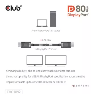 Kabel Club3D DisplayPort 2.1 do DisplayPort 2.1, VESA DP80, 4K240Hz/8K60Hz/10K60Hz (M/M), 1,6 m, czarny
