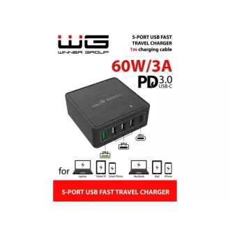 WG - Ładowarka sieciowa 5x USB 60W, 1x USB-A QC 3.0   3x USB-A Smart IC   1x USB-C PD, czarna