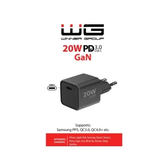 WG - GaN 1x USB-C, PD 20W, 5V-9V-12V, czarny