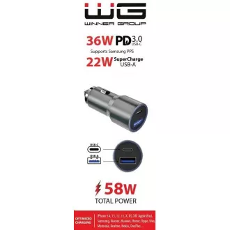 WG - Ładowarka samochodowa 2x USB 58, 5W, 1x USB-C PD 36W   1x USB-A 22,5W, srebrna