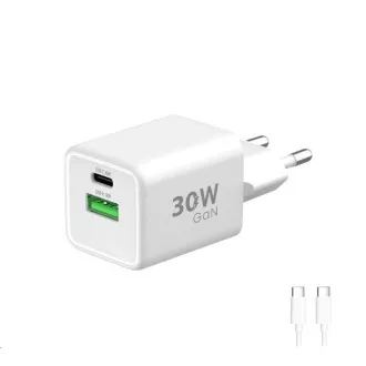 WG - Ładowarka sieciowa GaN 2x USB 30W, 1x USB-C PD3.0 PPS QC4 30W   USB-A 18W, kabel Type-C do Type-C, biały
