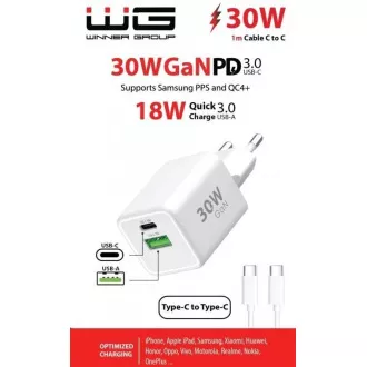 WG - Ładowarka sieciowa GaN 2x USB 30W, 1x USB-C PD3.0 PPS QC4 30W   USB-A 18W, kabel Type-C do Type-C, biały