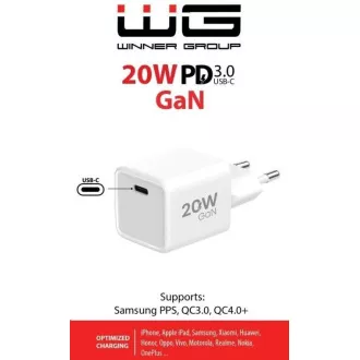 WG - GaN 1x USB-C, PD 20W, 5V-9V-12V, biały