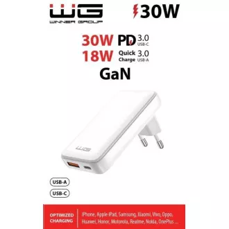 WG - Ładowarka sieciowa GaN 2x USB, 1x USB-C 30W 1x USB-A 18W, biała WG - Ładowarka sieciowa GaN 2x USB, 1x USB-C 30W 1x USB-A 18W, biała