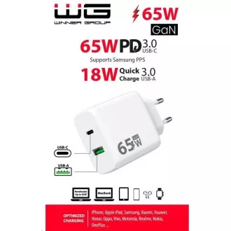 WG - Ładowarka sieciowa GaN 2x USB 65W, 1x USB-C PD 65W   1x USB-A QC3.0 18W, biała