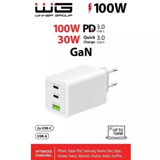 WG - Ładowarka sieciowa GaN 100W, 3x USB, 1x USB-A   2x USB-C, biała