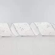 Eurolamp Dekoracja świąteczna biała wstążka z listkami i srebrnym brokatem, 6,35 cm, 1 szt.