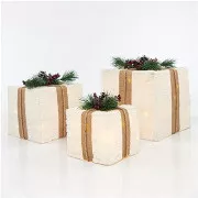 Eurolamp Dekoracja świąteczna podświetlane pudełka na prezenty z białym futerkiem, zestaw 3, 15/20/25 cm