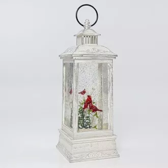 Eurolamp Dekoracja świąteczna biały plastikowy lampion z czerwonym ptaszkiem w środku, 10,4 x 10,4 x 27,5 cm
