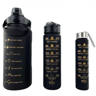 Motywacyjny bidon sportowy 3w1, 2000 ml   900 ml   300 ml, czarny