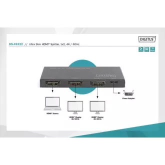 Ultra cienki rozgałęźnik HDMI Digitus, 1x2, 4K/60Hz HDR, HDCP 2.2, 18 Gb/s, zasilany przez Micro USB