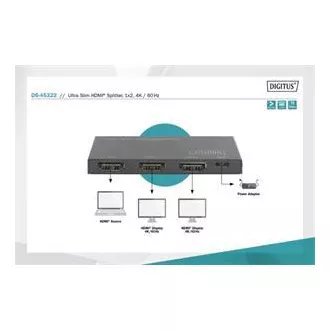 Ultra cienki rozgałęźnik HDMI Digitus, 1x2, 4K/60Hz HDR, HDCP 2.2, 18 Gb/s, zasilany przez Micro USB
