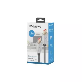 Kabel połączeniowy LANBERG DisplayPort 1.4 M/M, 8K@60Hz, 5K@120Hz, długość 1,8 m, czarny, z zatrzaskiem, pozłacane złącza Kabel połączeniowy LANBERG DisplayPort 1.4 M/M, 8K@60Hz, 5K@120Hz, długość 1,8 m, czarny, z zatrzaskiem, pozłacane złącza
