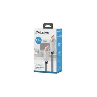 Kabel połączeniowy LANBERG DisplayPort 1.4 M/M, 8K@60Hz, 5K@120Hz, długość 1,8 m, czarny, z zatrzaskiem, pozłacane złącza Kabel połączeniowy LANBERG DisplayPort 1.4 M/M, 8K@60Hz, 5K@120Hz, długość 1,8 m, czarny, z zatrzaskiem, pozłacane złącza