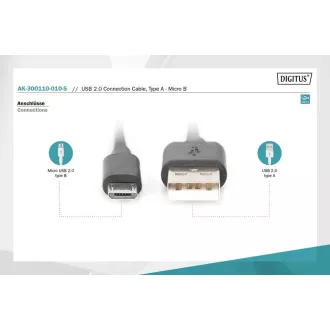 Kabel Digitus USB 2.0 USB A męski do USB micro B męski, 2x ekranowany, miedziany, 1m