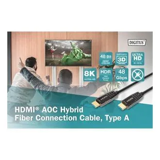 Hybrydowy kabel optyczny Digitus HDMI AOC, typ A M/M, 10 m, UHD 8K@60Hz, CE, złoty, czarny Hybrydowy kabel optyczny Digitus HDMI AOC, typ A M/M, 10 m, UHD 8K@60Hz, CE, złoty, czarny