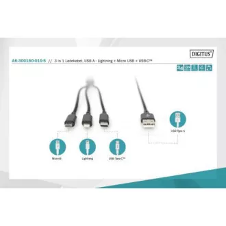 Kabel USB do ładowania, 3 w 1, USB A - Lightning micro B Type-C 1m, kabel, bawełna, CE, bl