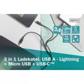 Kabel USB do ładowania, 3 w 1, USB A - Lightning micro B Type-C 1m, kabel, bawełna, CE, bl