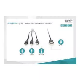 Kabel USB do ładowania, 3 w 1, USB A - Lightning micro B Type-C 1m, kabel, bawełna, CE, bl