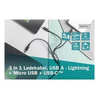 Kabel USB do ładowania, 3 w 1, USB A - Lightning micro B Type-C 1m, kabel, bawełna, CE, bl
