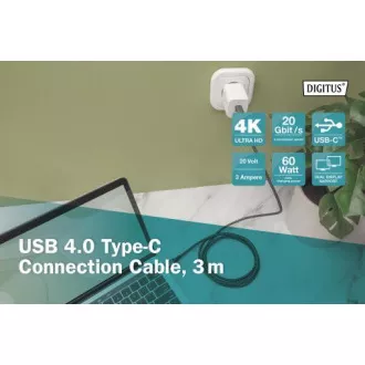 DIGITUS Kabel połączeniowy USB 4, TypeC do TypeC, AL-Obudowa PP Oplot 4K@60Hz, PD3.0, 20Gbits/s, 3m, bl.