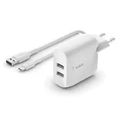 Belkin BOOST CHARGE™ Podwójna ładowarka ścienna USB-A 24 W   kabel USB-C 1 m, biały