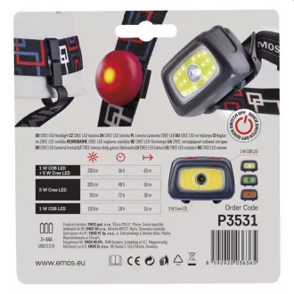 Latarka czołowa Emos LED P3531, 330 lm, 65 m, 1x CREE   1x COB   czerwona tylna dioda LED, 3x AAA  CR2032