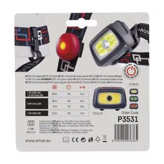 Latarka czołowa Emos LED P3531, 330 lm, 65 m, 1x CREE   1x COB   czerwona tylna dioda LED, 3x AAA  CR2032