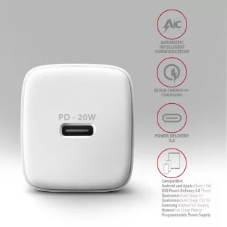 AXAGON ACU-PD20W, ładowarka sieciowa 20 W, 1x port USB-C, PD3.0/PPS/QC4 /AFC/Apple, biała