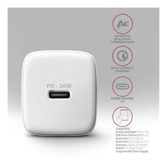 AXAGON ACU-PD20W, ładowarka sieciowa 20 W, 1x port USB-C, PD3.0/PPS/QC4 /AFC/Apple, biała