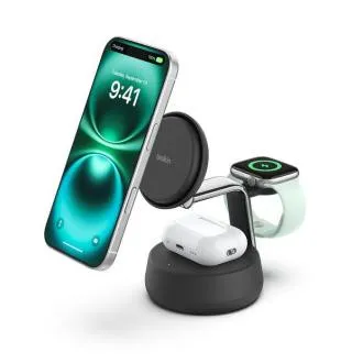 Belkin UltraCharge PRO Qi2 25 W 3 w 1 – magnetyczna ładowarka do iPhone'a/Apple Watch/AirPods, ciemnoszara