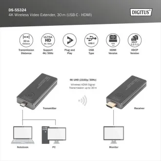 DIGITUS DS-55324 Bezprzewodowy przedłużacz wideo 4K, 30 m (USB-C - HDMI) DIGITUS DS-55324 Bezprzewodowy przedłużacz wideo 4K, 30 m (USB-C - HDMI)