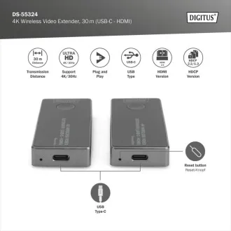 DIGITUS DS-55324 Bezprzewodowy przedłużacz wideo 4K, 30 m (USB-C - HDMI) DIGITUS DS-55324 Bezprzewodowy przedłużacz wideo 4K, 30 m (USB-C - HDMI)