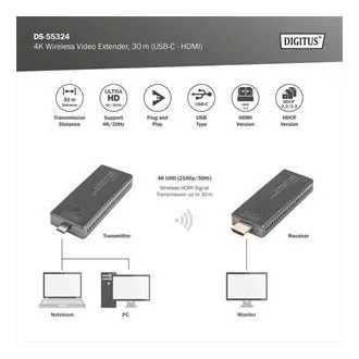 DIGITUS DS-55324 Bezprzewodowy przedłużacz wideo 4K, 30 m (USB-C - HDMI) DIGITUS DS-55324 Bezprzewodowy przedłużacz wideo 4K, 30 m (USB-C - HDMI)